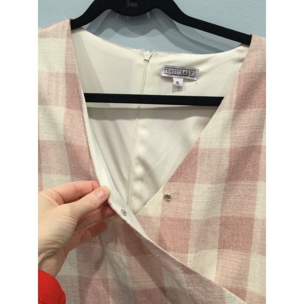 Sweet Salt Womens Faux Wrap Linen Blend Midi Dress XL Pink Gingham Modest Fall - Picture 8 of 9